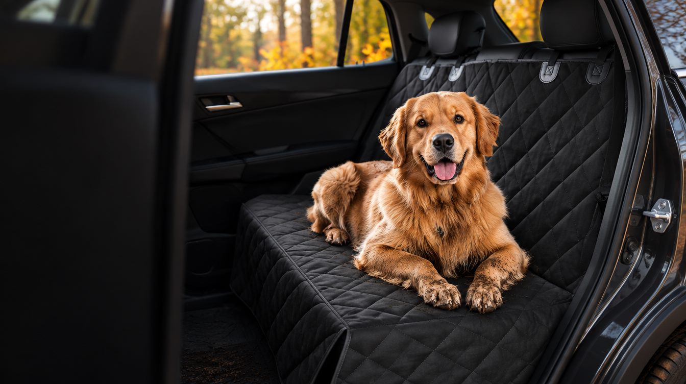 Golden Retriever liegt auf der Rücksitz-Schondecke im Auto