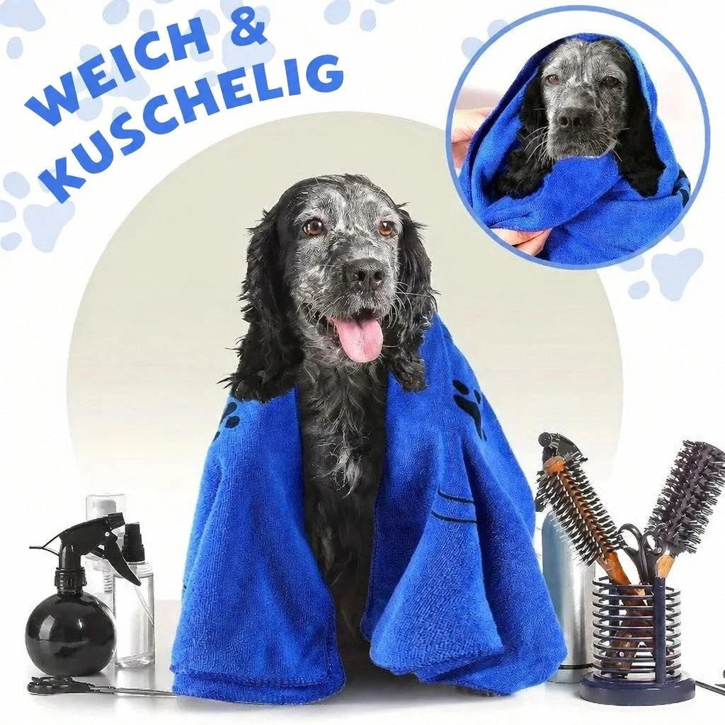 Hund in blauem Mikrofaser-Handtuch
