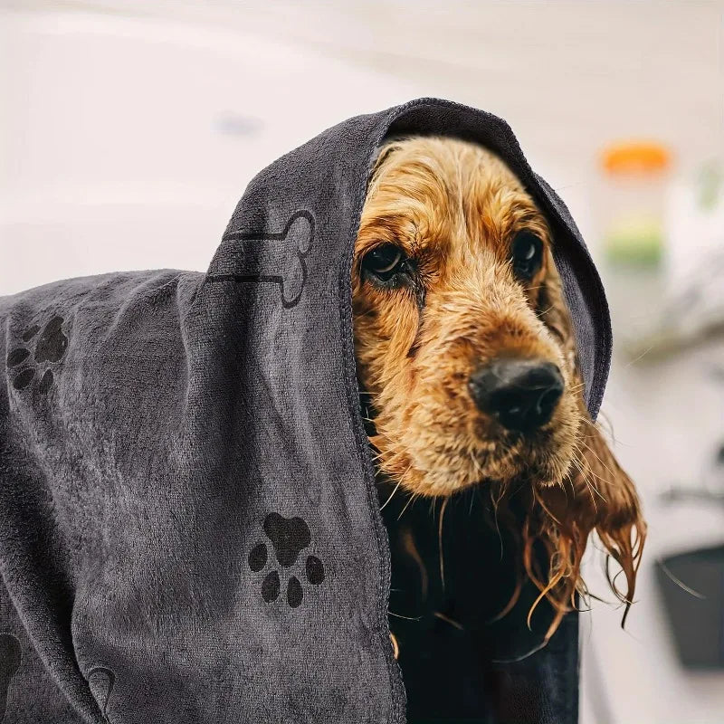 Nasser Hund wird mit dem grauen Mikrofaser-Hundehandtuch abgetrocknet