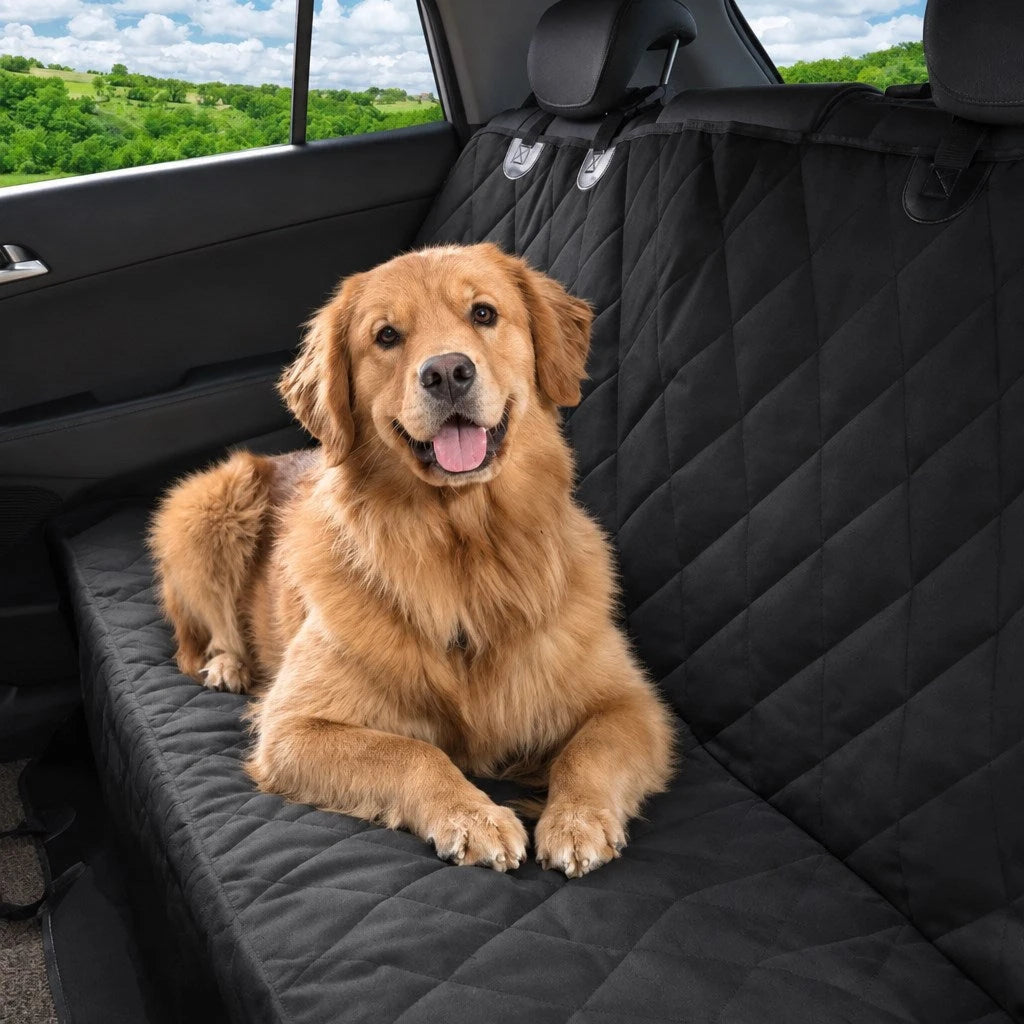 Hund liegt entspannt auf der schwarzen gesteppten Rücksitz-Schondecke im Auto
