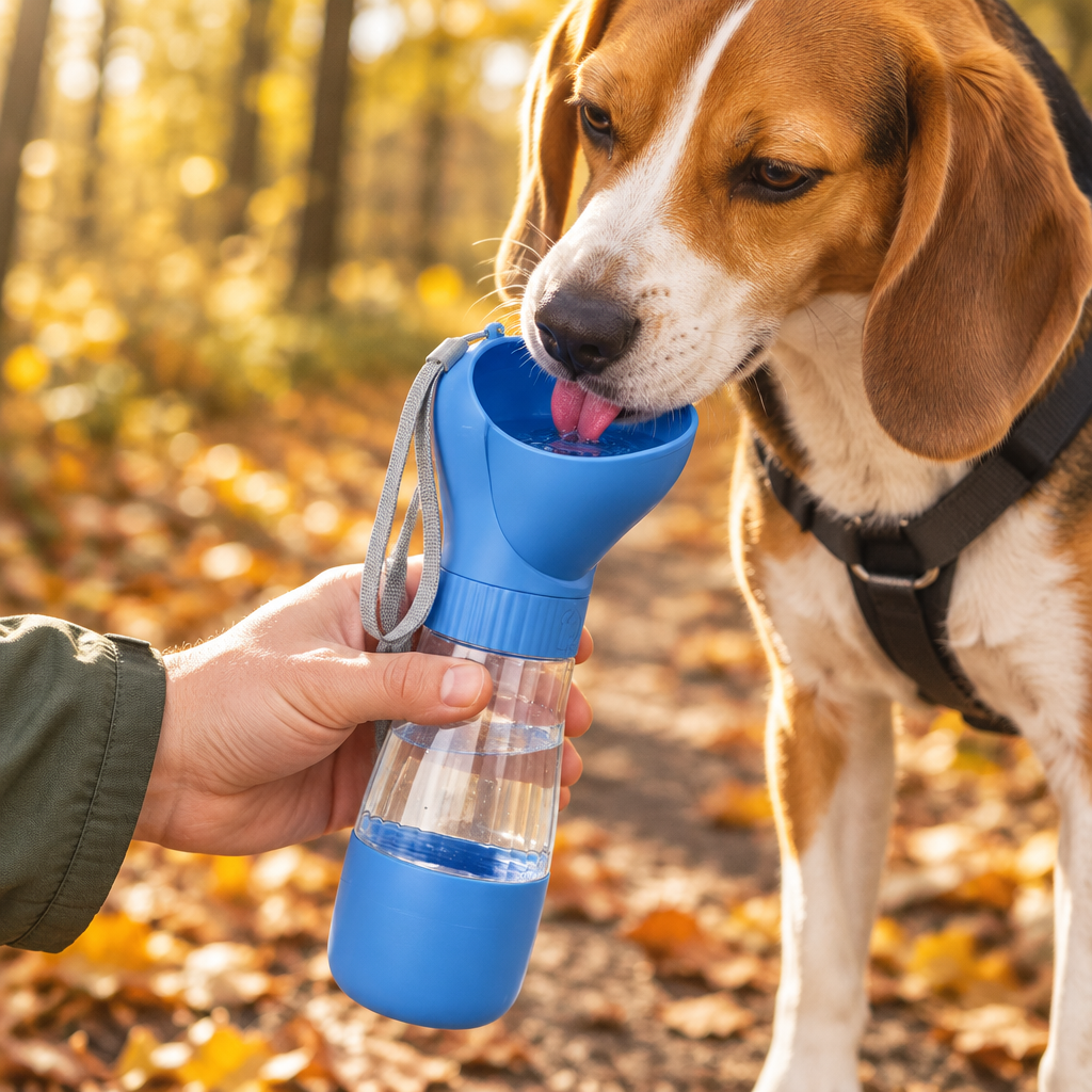 Beagle trinkt beim Herbstspaziergang aus der Hunde-Trinkflasche