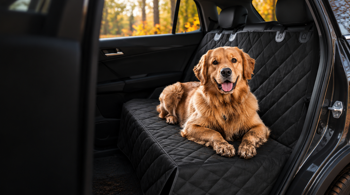 Golden Retriever liegt nach dem Herbstspaziergang auf der Rücksitz-Schondecke