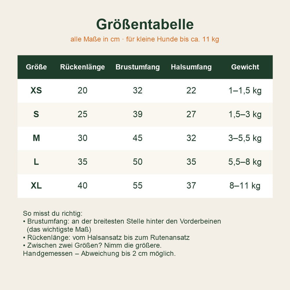 Größentabelle Hundejacke in cm