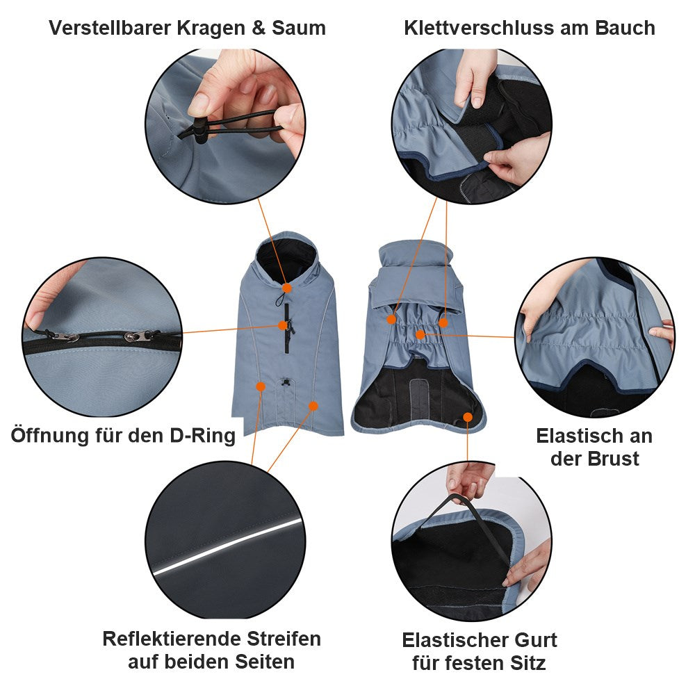 Details: verstellbarer Kragen, Klettverschluss, Reflektorstreifen