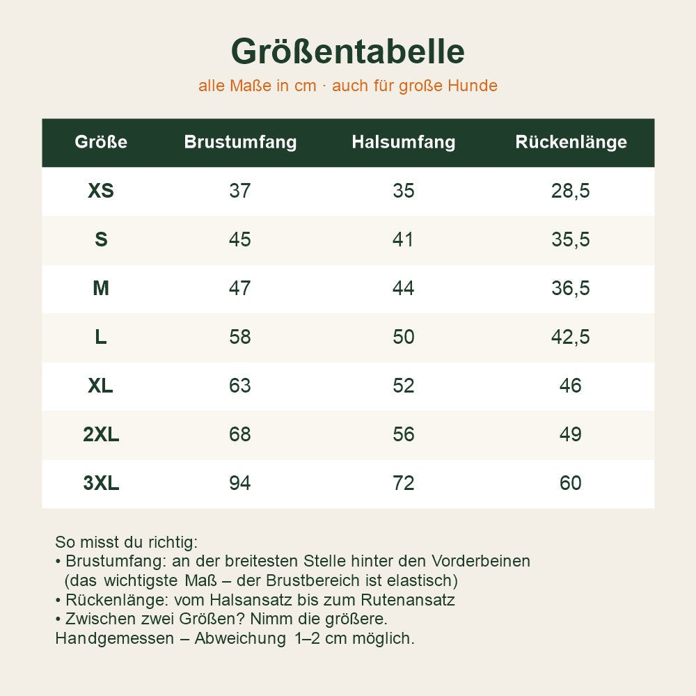 Größentabelle Softshell-Hundemantel in cm